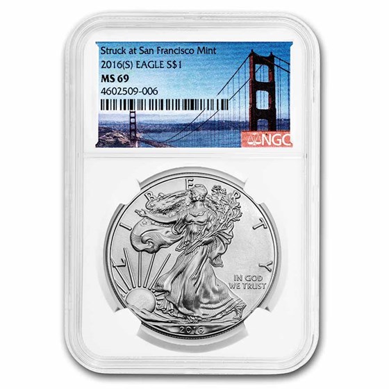 2016 (S) Silver Eagle MS-69 NGC (Golden Gate Bridge Label) 2016 (S) Silver Eagle MS-69 NGC (Golden Gate Bridge Label)