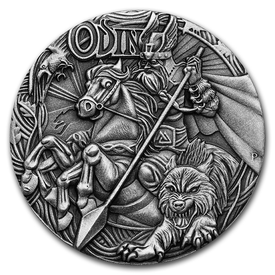 2016 Tuvalu 2 oz Silver Norse Gods Odin BU (HR, Antiqued)