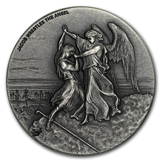 2017 2 oz Silver Coin - Biblical Series (Jacob Wrestles Angel) 2017 2 oz Silver Coin - Biblical Series (Jacob Wrestles Angel)