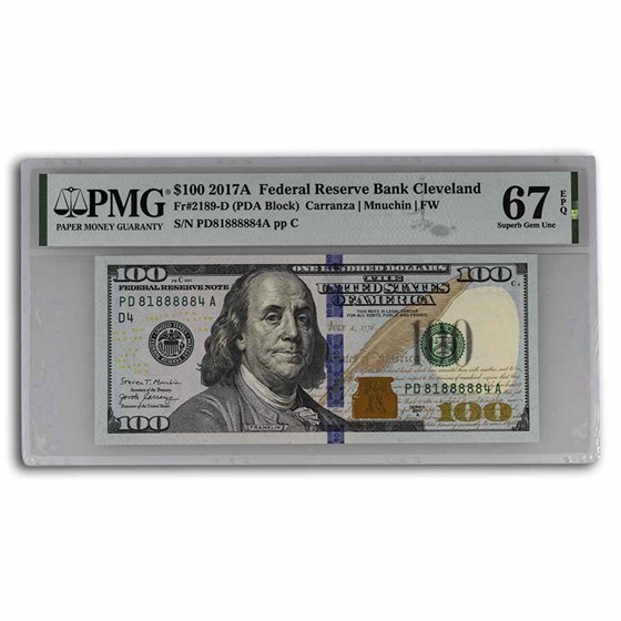 2017-A (D-Cleveland) $100 FRN Gem CU-67 EPQ PMG (Fr#2189-D) 2017-A (D-Cleveland) $100 FRN Gem CU-67 EPQ PMG (Fr#2189-D)