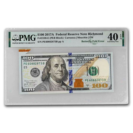 2017-A (E-Richmond) $100 FRN XF40 EPQ PMG (Fr#2189-E) Fold Error 2017-A (E-Richmond) $100 FRN XF40 EPQ PMG (Fr#2189-E) Fold Error