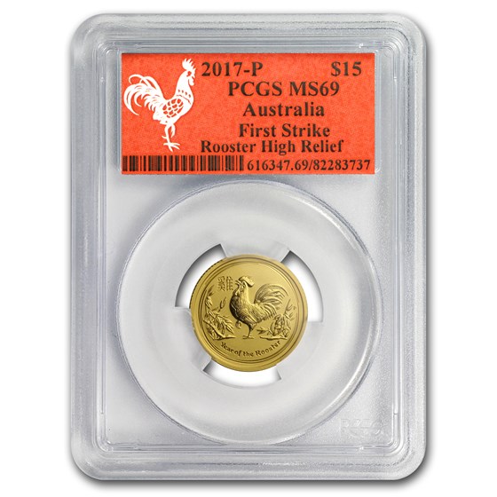 2017 AUS 1/10 oz Gold Lunar Rooster MS-69 PCGS (FS, Red Label) 2017 AUS 1/10 oz Gold Lunar Rooster MS-69 PCGS (FS, Red Label)