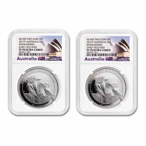 2017 AUS 1 oz Silver Kookaburra PR-70 PCGS UC ER (2-coin set) 2017 AUS 1 oz Silver Kookaburra PR-70 PCGS UC ER (2-coin set)
