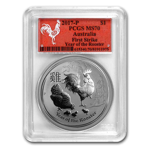 2017 AUS 1 oz Silver Lunar Rooster MS-70 PCGS (FS, Red Label)