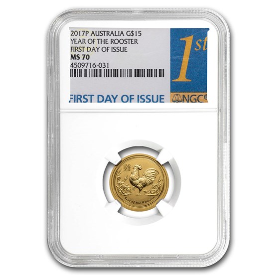 2017 Australia 1/10 oz Gold Lunar Rooster MS-70 NGC (FD) 2017 Australia 1/10 oz Gold Lunar Rooster MS-70 NGC (FD)