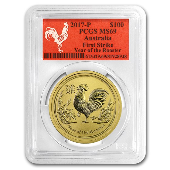 2017 Australia 1 oz Gold Lunar Rooster MS-69 PCGS (FS, Red Label) 2017 Australia 1 oz Gold Lunar Rooster MS-69 PCGS (FS, Red Label)