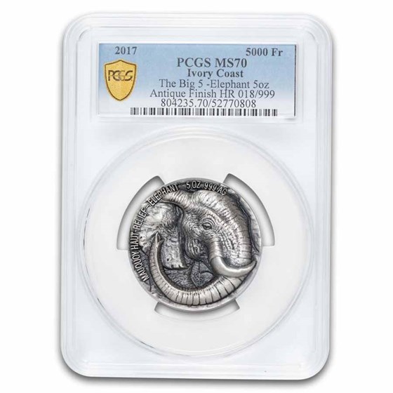 2017 Ivory Coast 5 oz Silver High Relief Elephant MS-70 PCGS