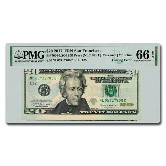 2017 (L-San Fran) $20 FRN CU-66 EPQ PMG (Fr#7001-E) Cutting Error 2017 (L-San Fran) $20 FRN CU-66 EPQ PMG (Fr#7001-E) Cutting Error