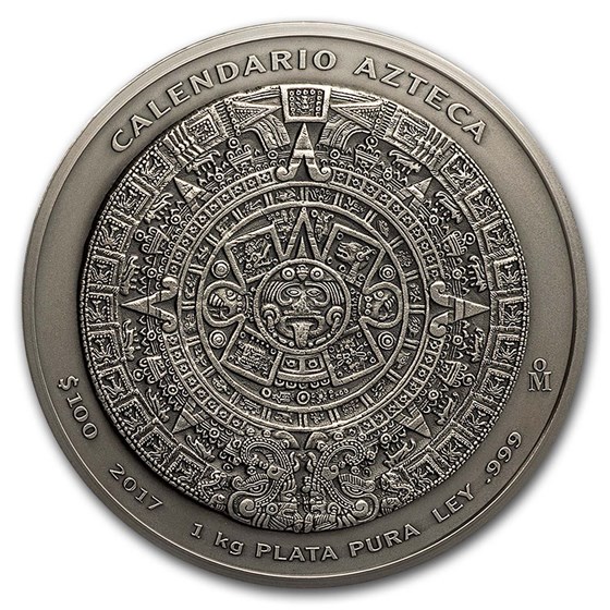 2017 Mexico 1 kilo Silver Aztec Calendar Antiqued Finish