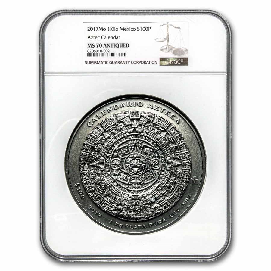 2017 Mexico 1 kilo Silver Aztec Calendar Antiqued MS-70 NGC
