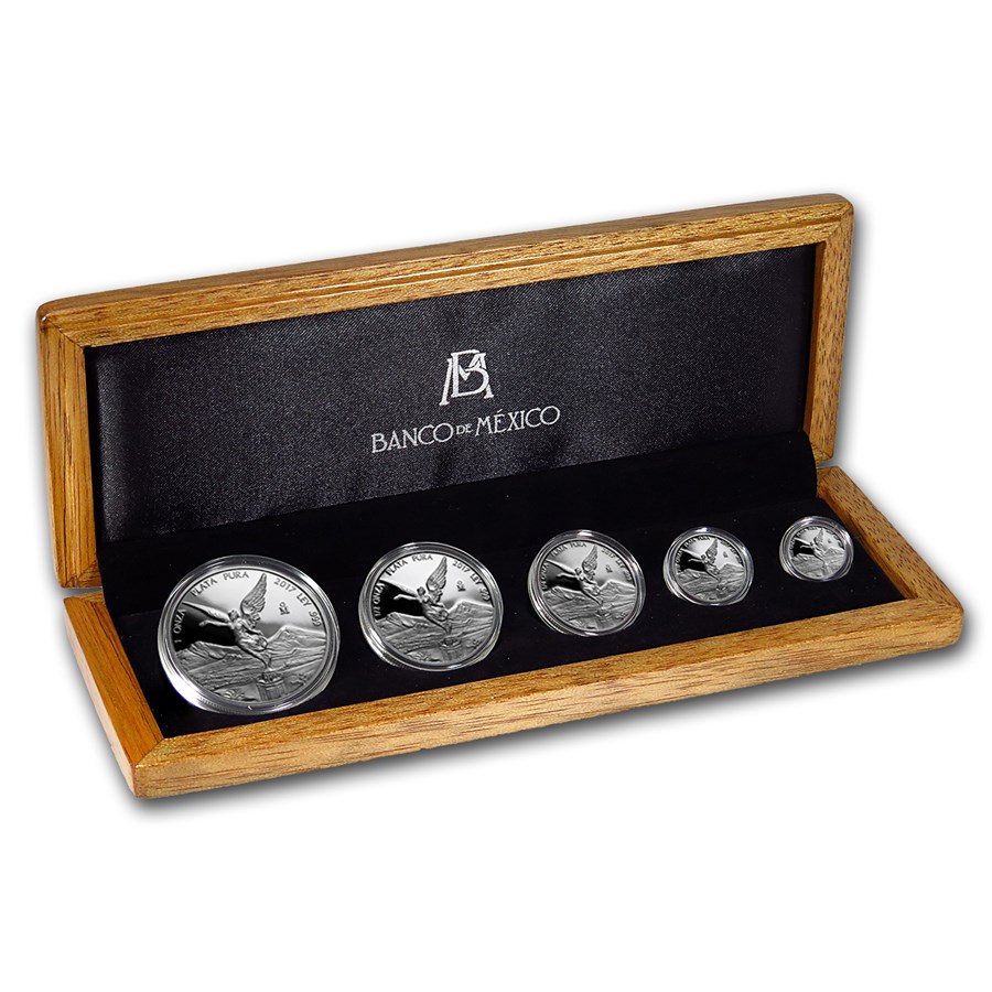 2017 Mexico 5-Coin Silver Libertad Proof Set (1.9 oz, Wood Box)