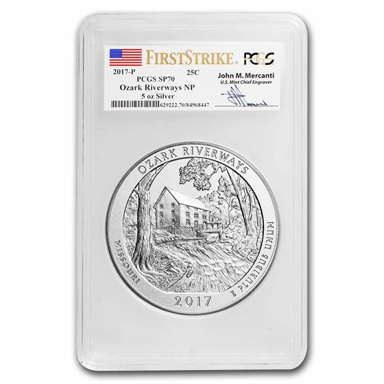 2017-P 5 oz Silver ATB Ozark Riverways SP-70 PCGS Mercanti Label
