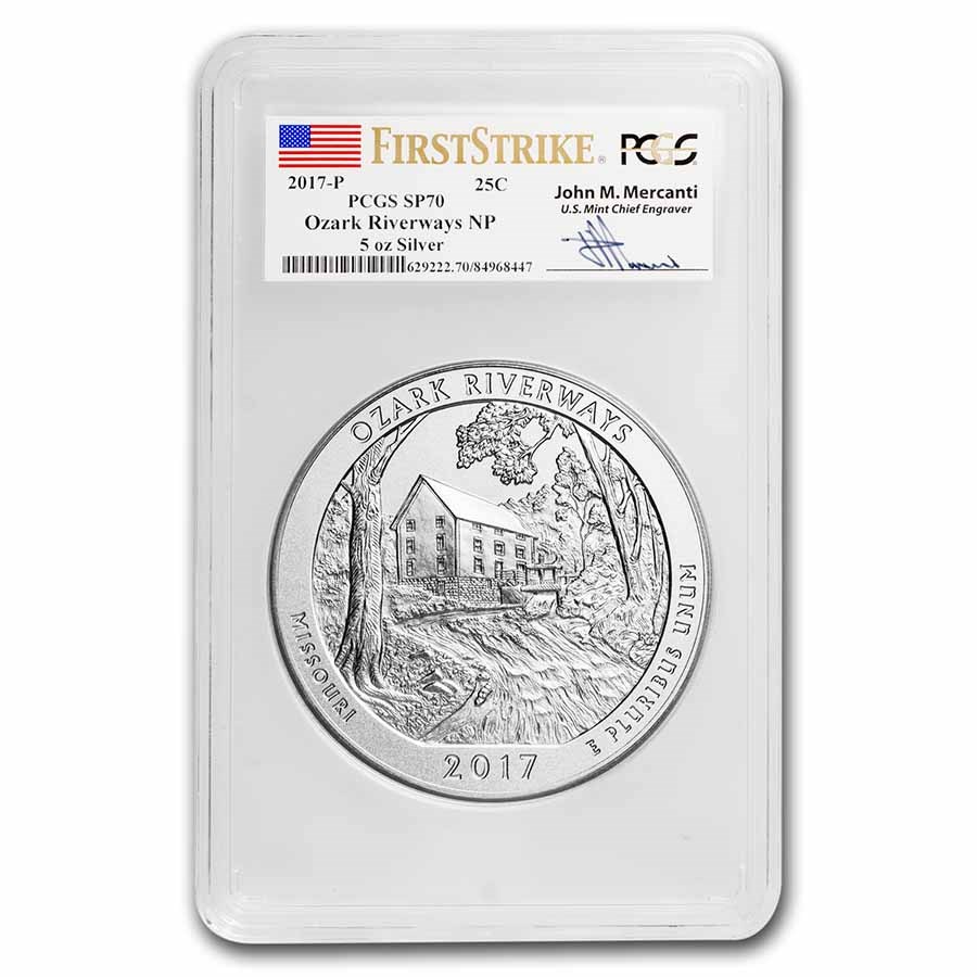 2017-P 5 oz Silver ATB Ozark Riverways SP-70 PCGS Mercanti Label