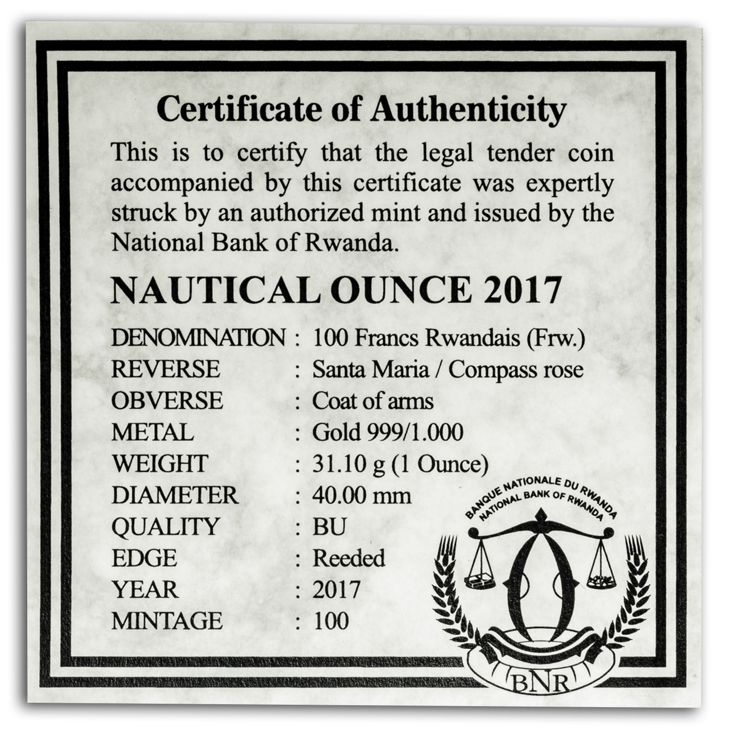 Buy 2017 Rwanda 1 oz Gold Nautical Ounce Santa Maria BU | APMEX