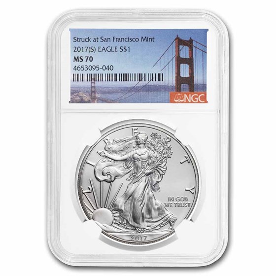 2017 (S) Silver Eagle MS-70 NGC (Golden Gate Bridge Label) 2017 (S) Silver Eagle MS-70 NGC (Golden Gate Bridge Label)