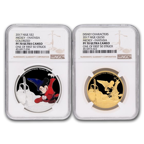2017 Set 1 oz Gold & Silver Mickey: Fantasia PF-70 UCAM NGC 2017 Set 1 oz Gold & Silver Mickey: Fantasia PF-70 UCAM NGC