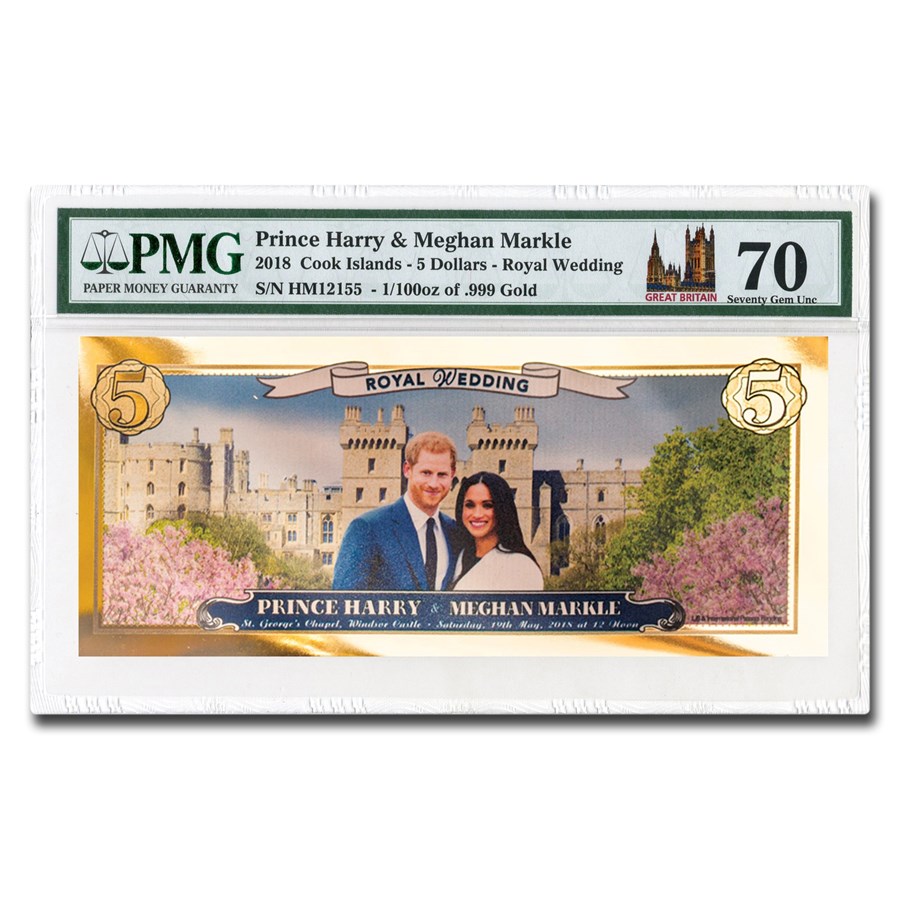 2018 1/100 oz $5 Royal Wedding Gold Note MS-70 PMG