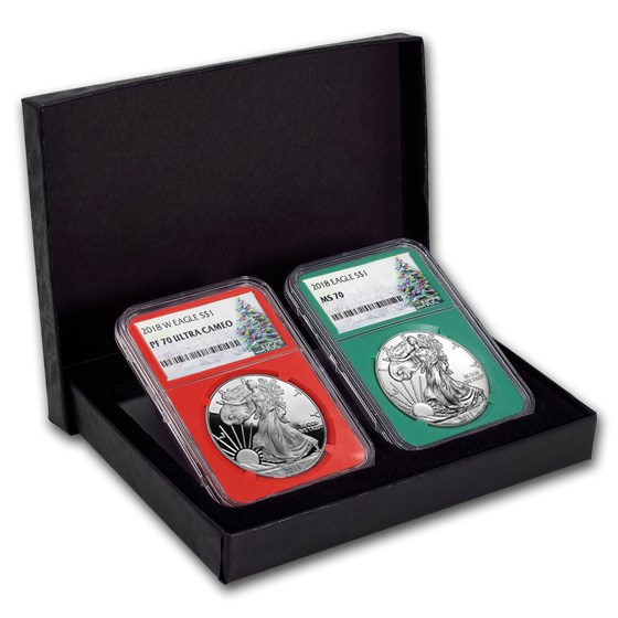 2018 2-Coin 1 oz Silver Eagle Set MS/PF-70 NGC (Christmas Label) 2018 2-Coin 1 oz Silver Eagle Set MS/PF-70 NGC (Christmas Label)