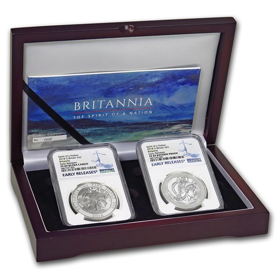 2018 2-Coin Silver 1 oz Britannia Prf/Rev Prf Set PF-69 NGC (ER) 2018 2-Coin Silver 1 oz Britannia Prf/Rev Prf Set PF-69 NGC (ER)