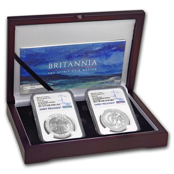 2018 2-Coin Silver 1 oz Britannia Prf/Rev Prf Set PF-70 NGC (ER) 2018 2-Coin Silver 1 oz Britannia Prf/Rev Prf Set PF-70 NGC (ER)