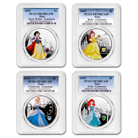 2018-2019 Niue 4-Coin Silver $2 Princess PR-70 PCGS (COA #3) 2018-2019 Niue 4-Coin Silver $2 Princess PR-70 PCGS (COA #3)