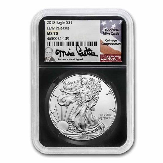 2018 American Silver Eagle MS-70 NGC (ER, Mike Castle Signed) 2018 American Silver Eagle MS-70 NGC (ER, Mike Castle Signed)