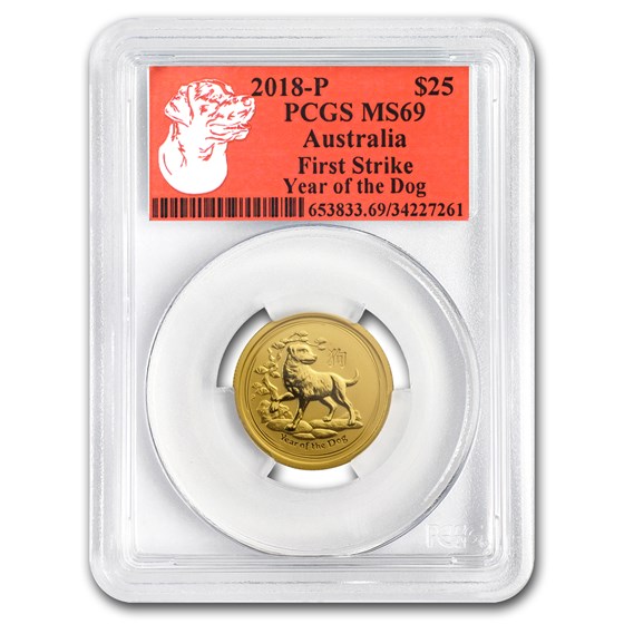 2018 AUS 1/4 oz Gold Lunar Dog MS-69 PCGS (FS, Red Label) 2018 AUS 1/4 oz Gold Lunar Dog MS-69 PCGS (FS, Red Label)