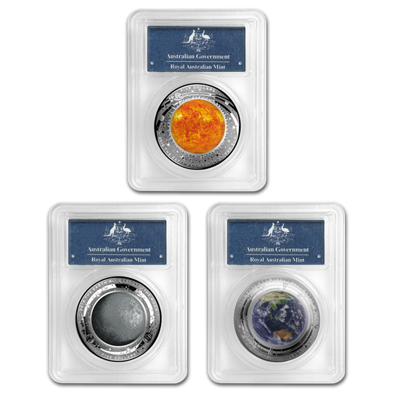 2018 AUS 1 oz Silver 3-Coin Earth and Beyond Set PR-70 PCGS (FS) 2018 AUS 1 oz Silver 3-Coin Earth and Beyond Set PR-70 PCGS (FS)