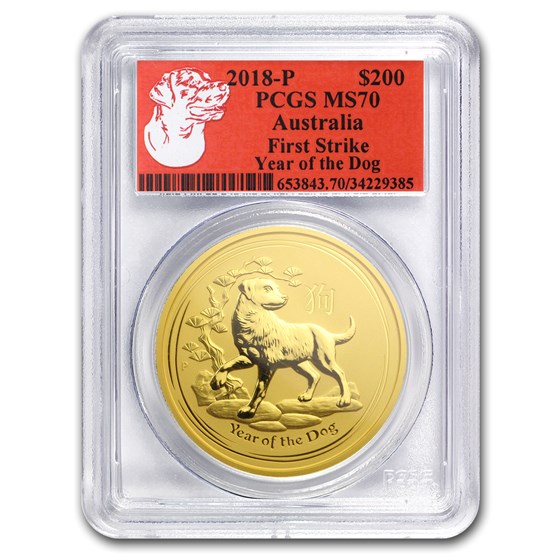 2018 AUS 2 oz Gold Lunar Dog MS-70 PCGS (FS, Red Label) 2018 AUS 2 oz Gold Lunar Dog MS-70 PCGS (FS, Red Label)