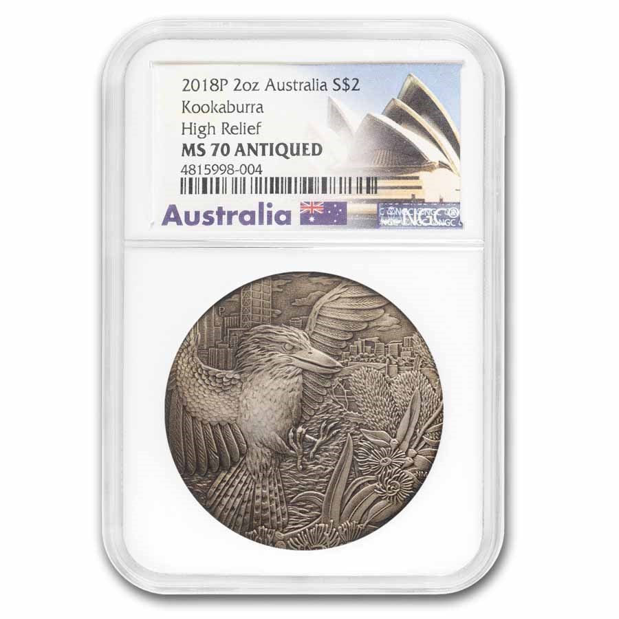 2018 AUS 2 oz Silver Kookaburra Antique MS-70 NGC High Relief