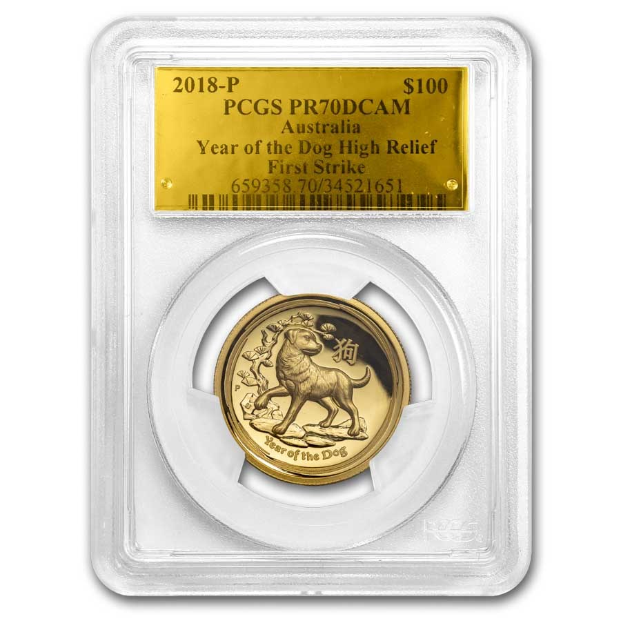 2018 Australia 1 oz Gold Dog HR PR-70 PCGS (FS, Gold Label)