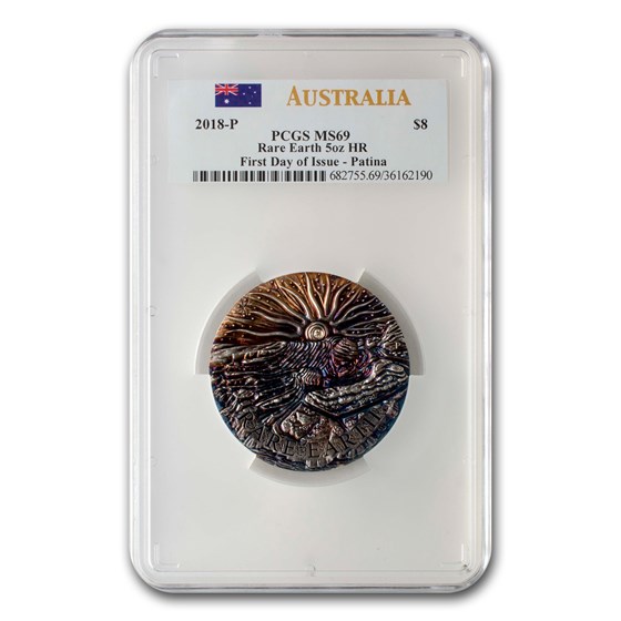 2018 Australia 5 oz Silver Rare Earth Patina MS-69 PCGS (HR) 2018 Australia 5 oz Silver Rare Earth Patina MS-69 PCGS (HR)