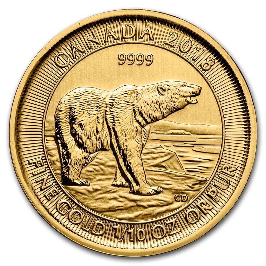 2018 Canada 1/10 oz Gold $5 Polar Bear BU