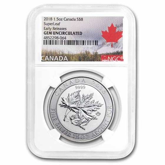 2018 Canada 1.5 oz Silver $8 SuperLeaf BU NGC ER Gem Unc 2018 Canada 1.5 oz Silver $8 SuperLeaf BU NGC ER Gem Unc
