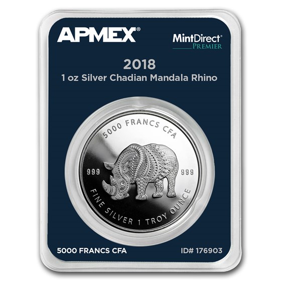 2018 Chad 1 oz Silver Mandala Rhino (MintDirect® Premier Single) 2018 Chad 1 oz Silver Mandala Rhino (MintDirect® Premier Single)