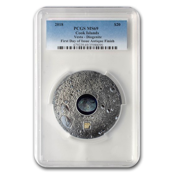 2018 Cook Islands Silver Meteorites Vesta MS-69 PCGS (1st Day) 2018 Cook Islands Silver Meteorites Vesta MS-69 PCGS (1st Day)