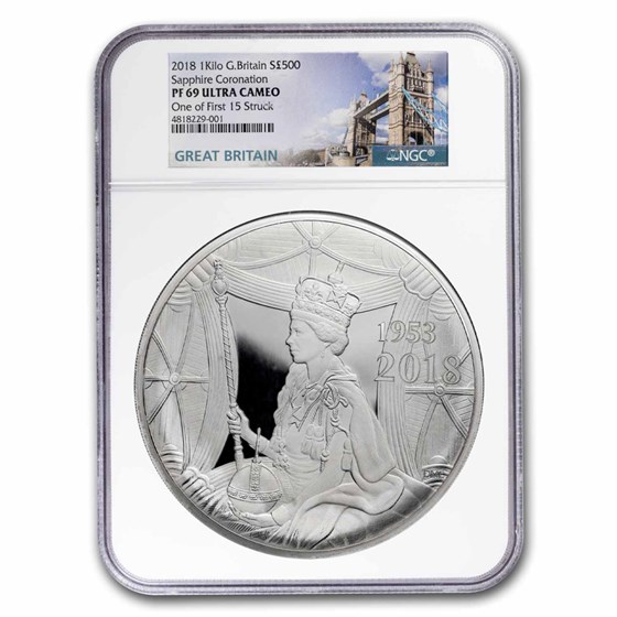 2018 GB 1 kilo Silver Queen's Sapphire Coronation PF-69 NGC 2018 GB 1 kilo Silver Queen's Sapphire Coronation PF-69 NGC