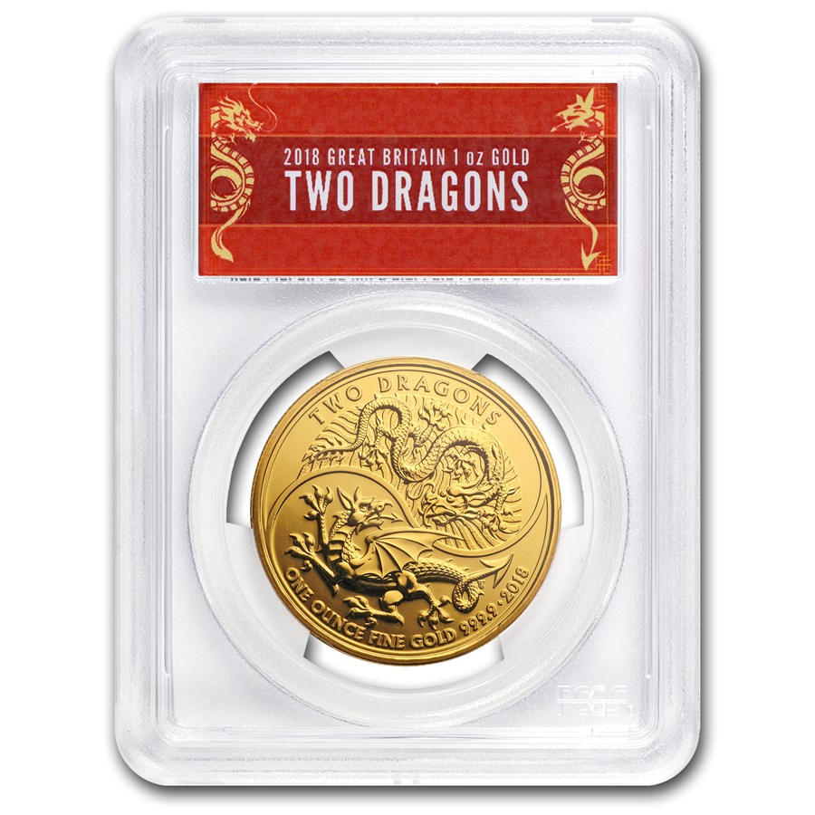 2018 GB 1 oz Gold Two Dragons MS-70 PCGS (FS, Dragon Label)
