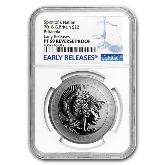 2018 GB 1 oz Reverse Proof Silver Britannia PF-69 NGC (ER) 2018 GB 1 oz Reverse Proof Silver Britannia PF-69 NGC (ER)