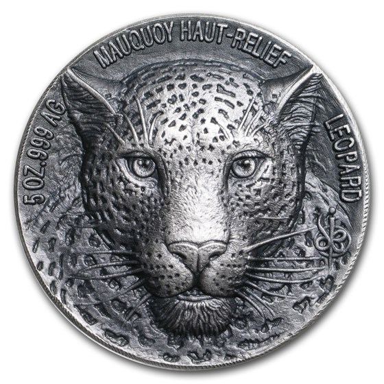 2018 Ivory Coast 5 oz Silver 5000 Fr Mauquoy Haut Relief Leopard 2018 Ivory Coast 5 oz Silver 5000 Fr Mauquoy Haut Relief Leopard