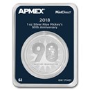 2018 Niue 1 oz Silver $2 Mickey's 90th Anniv (MintDirect® Single)