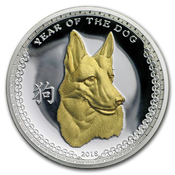 2018 Palau 1 oz Silver $5 Year of the Dog (Gilded Gold, Abrasion) 2018 Palau 1 oz Silver $5 Year of the Dog (Gilded Gold, Abrasion)