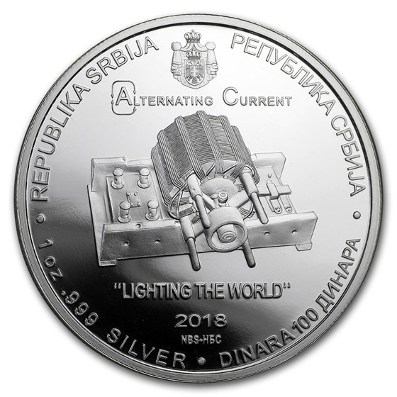 2018 Serbia 1 oz Proof Silver 100 Dinar Nikola Tesla (AC) 2018 Serbia 1 oz Proof Silver 100 Dinar Nikola Tesla (AC)