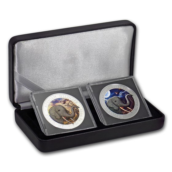 2018 Somalia 2-Coin 1 oz Silver Elephant Set Day/Night (Colored) 2018 Somalia 2-Coin 1 oz Silver Elephant Set Day/Night (Colored)