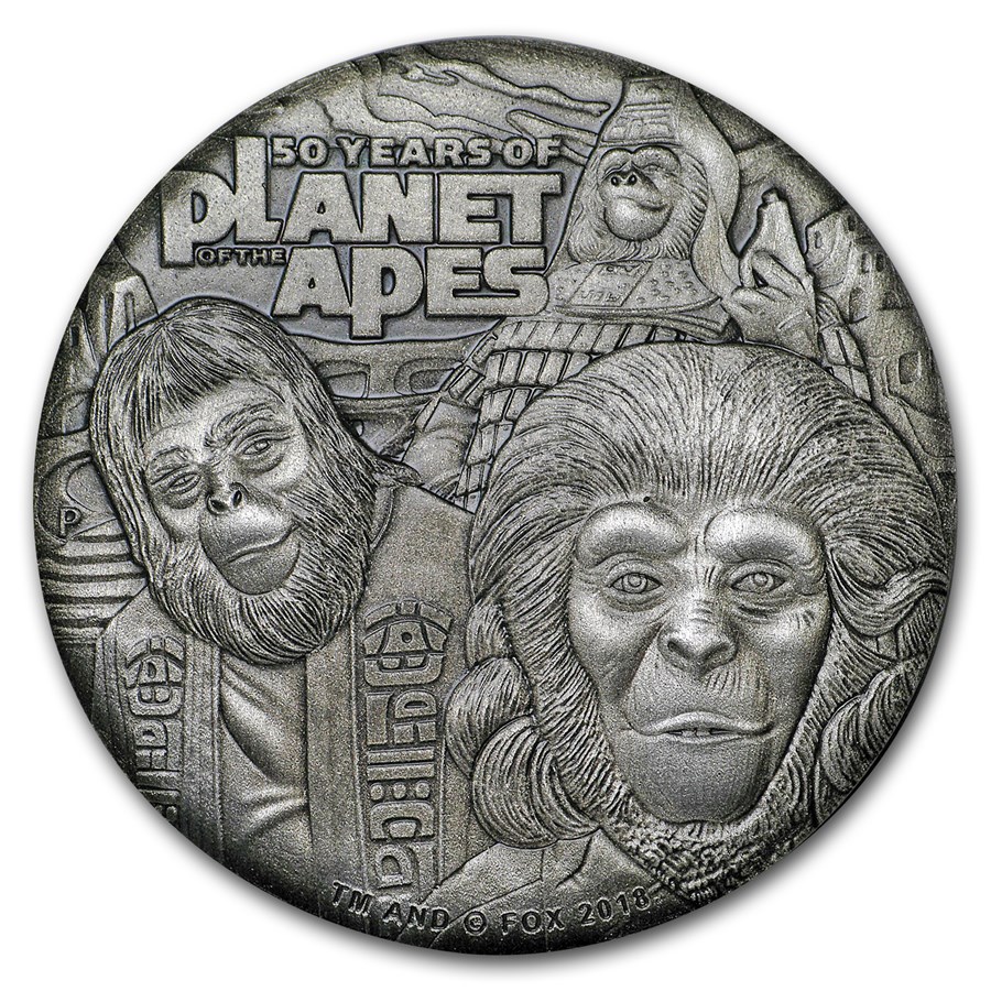 2018 Tuvalu 2 oz Silver 50th Anniv Planet of the Apes (Antiqued)