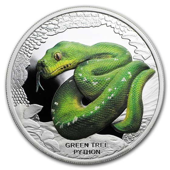 2018 Tuvalu Proof Silver $1 Reptile Series Green Tree Python