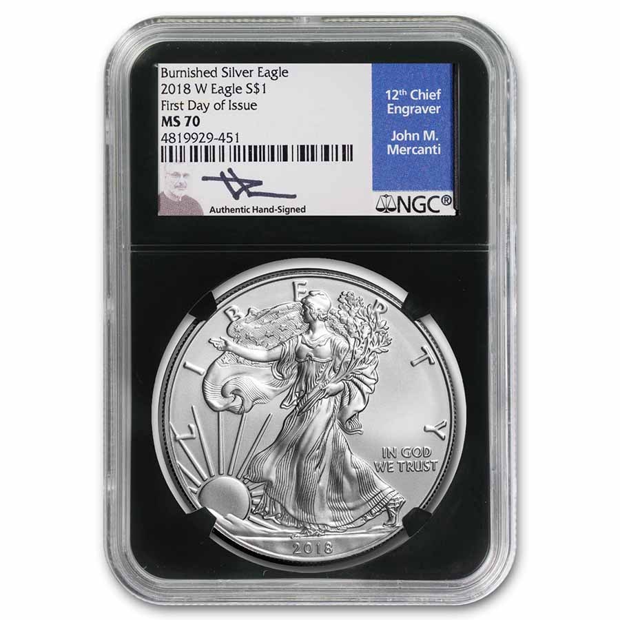 Buy 2018-W Burnished Silver Eagle MS-70 NGC (FDI, Mercanti) | APMEX