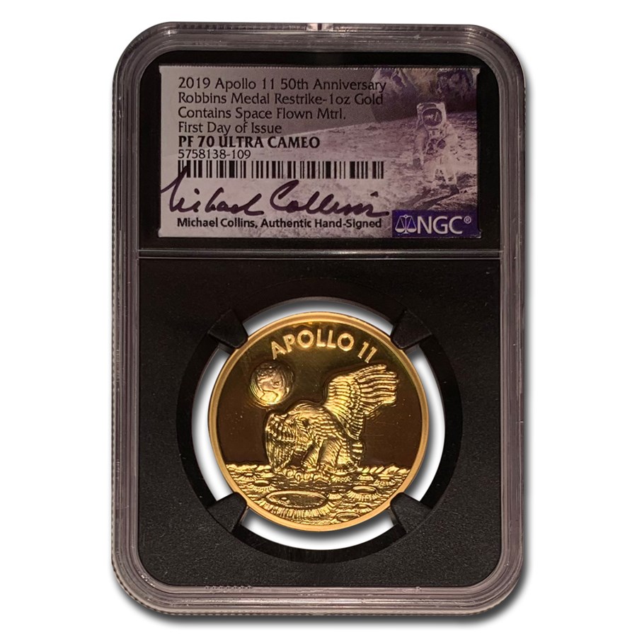 2019 1 oz Gold Apollo 11 Robbins Medal PF-70 NGC (FDI, Collins)