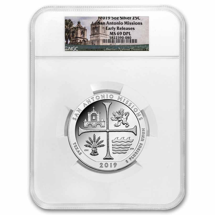 2019 5 oz Silver ATB San Antonio Missions MS-69 DPL NGC (ER/FR)
