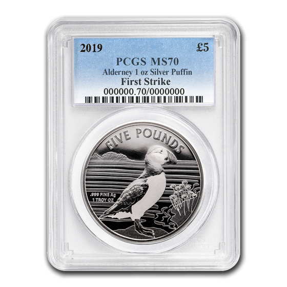 2019 Alderney 1 oz Silver Puffin MS-70 PCGS (FirstStrike®) 2019 Alderney 1 oz Silver Puffin MS-70 PCGS (FirstStrike®)